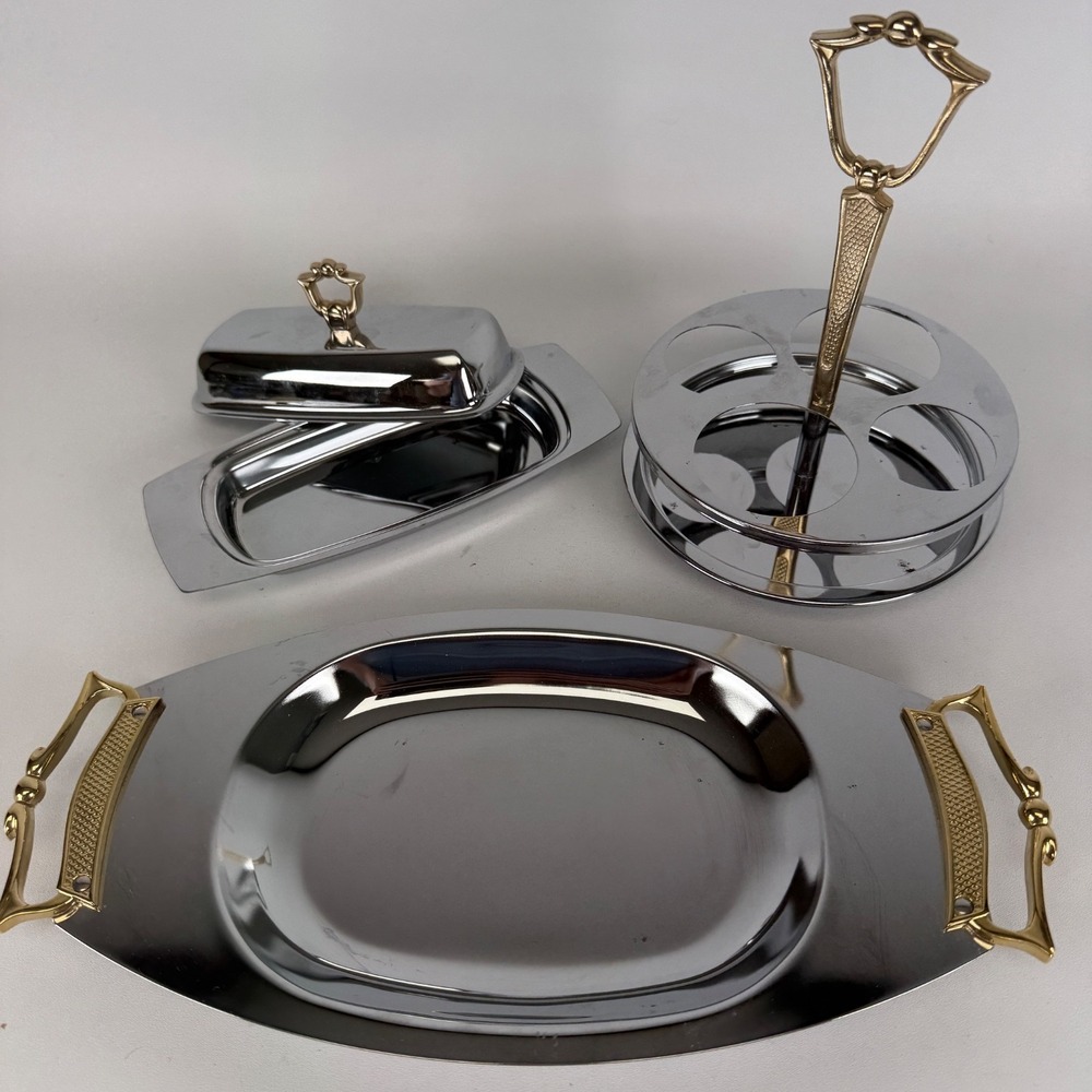 Kromex MCM Chrome Tray Set 3pc Gold Handle Butler Tray Butter‎ Tray Lazy Susan